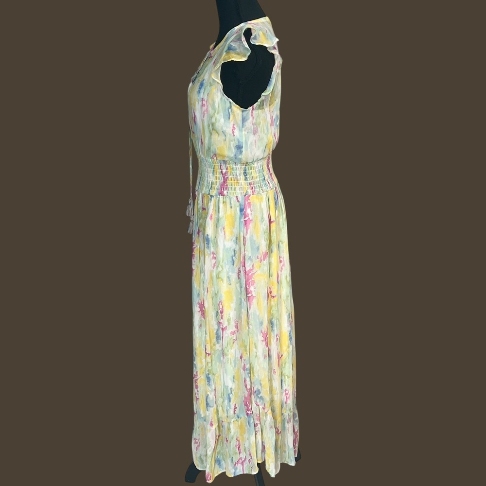 Anthropologie Watercolor Floral Maxi Dress Smocked Waist Flutter Sleeve Size 2 - Picture 13 of 14